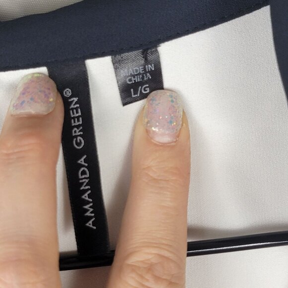 Amanda Green‎ Womens L Black White Long Sleeve Blouse Button Down Dressy Office - Picture 3 of 7